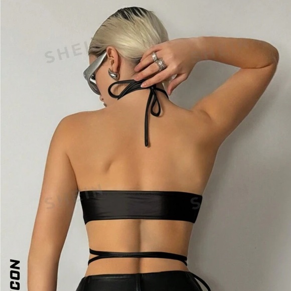 NWOT SHEIN ICON Metallic Heart-Shaped Hollow-Out Cross-Tied Halter Top - Picture 3 of 6